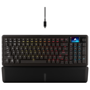 CH91E911GNACorsairVANGUARDPRO96HallEffectGamiwr01png ComputechSolutions Top-down view of a Corsair wired mechanical keyboard with RGB backlighting on black keys and a USB-C connector above the keyboard.