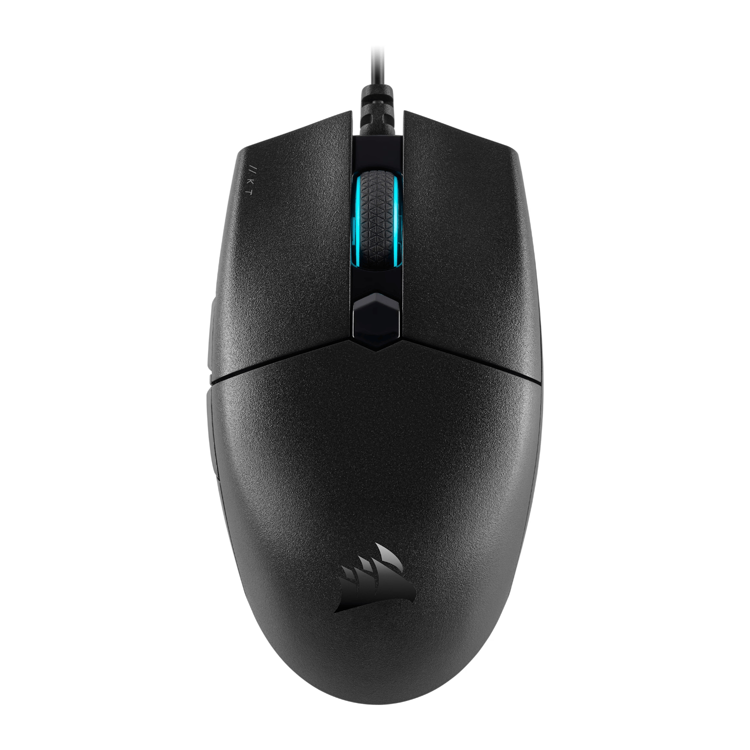 CH930C011APCorsairKATARPRO12400DPIRGB64gGaminwr01png ComputechSolutions Top view of a black wired gaming mouse with a blue-lit scroll wheel and angular palm rest.