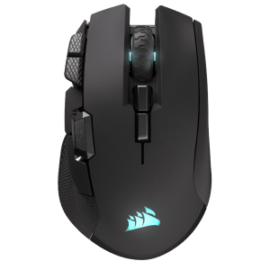 CH9317110WWCorsairIRONCLAWWIRELESSSE26000DPIGwr01png ComputechSolutions Black ergonomic gaming mouse with textured side grip, two side buttons, a glowing teal accent under the wheel, and a cyan Corsair logo on the palm rest