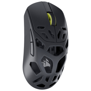 CH931G100WWCorsairSABREv2PROWIRELESSMAGNESIUMwr01png ComputechSolutions Black gaming mouse with a lime-green scroll wheel and a vented, skeletal shell design