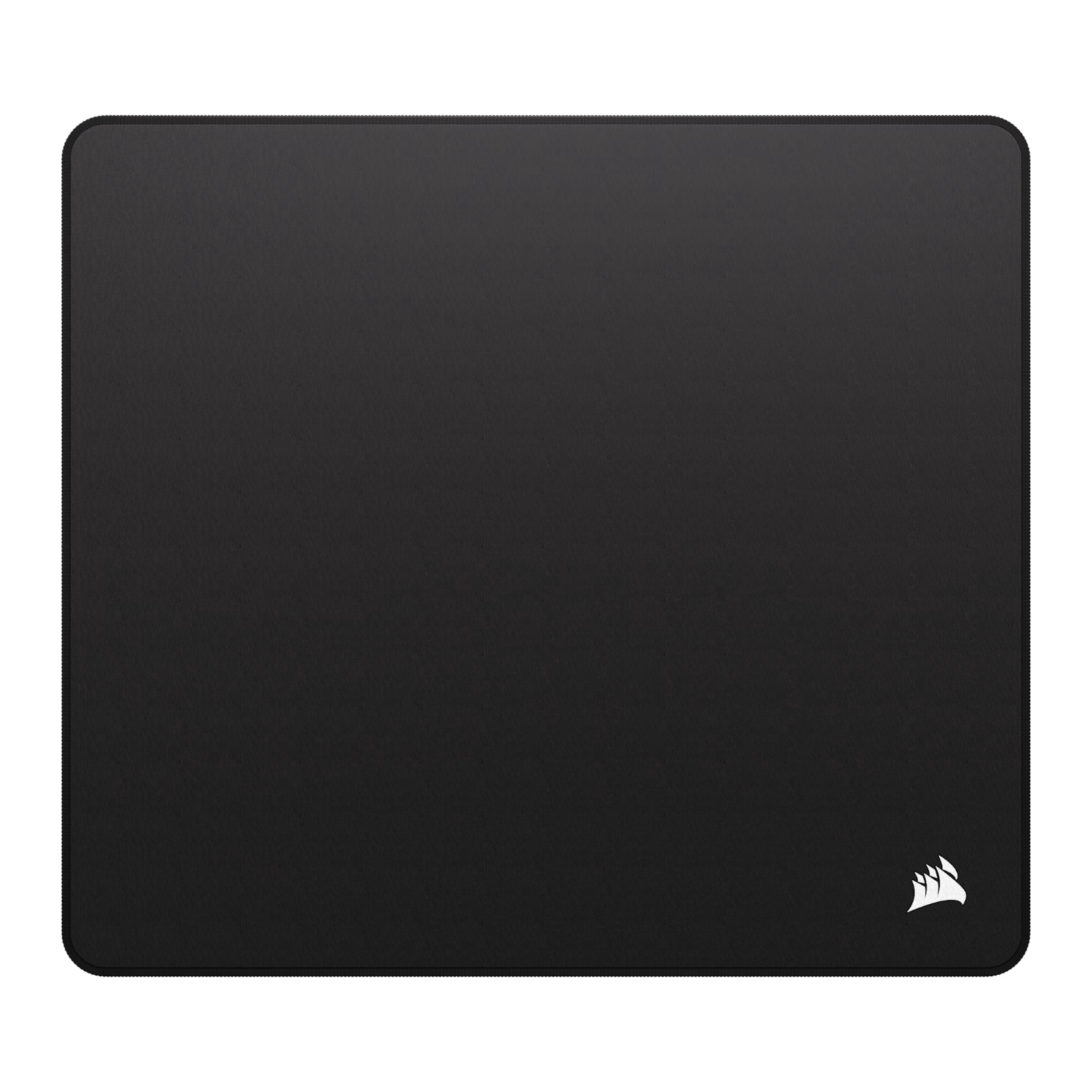 Rectangular black mouse pad with rounded corners and stitched edges, Corsair logo in bottom-right corner.