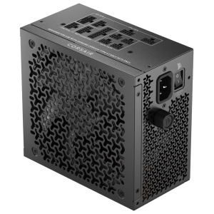 CP9020299WWCorsairRM850xSHIFT80PLUSGoldFullywr01png ComputechSolutions Corsair PC power supply unit with ventilation grate and power switch visible on the side, shown from a rear-angle view to highlight connectors and input socket.