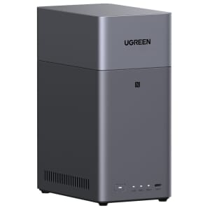 DH230095998UGREENNASDH23002BAY1GbEwr01jpg ComputechSolutions Tall gray NAS/storage tower with two drive bays, front status LEDs, and USB-C port (brand: UGREEN).