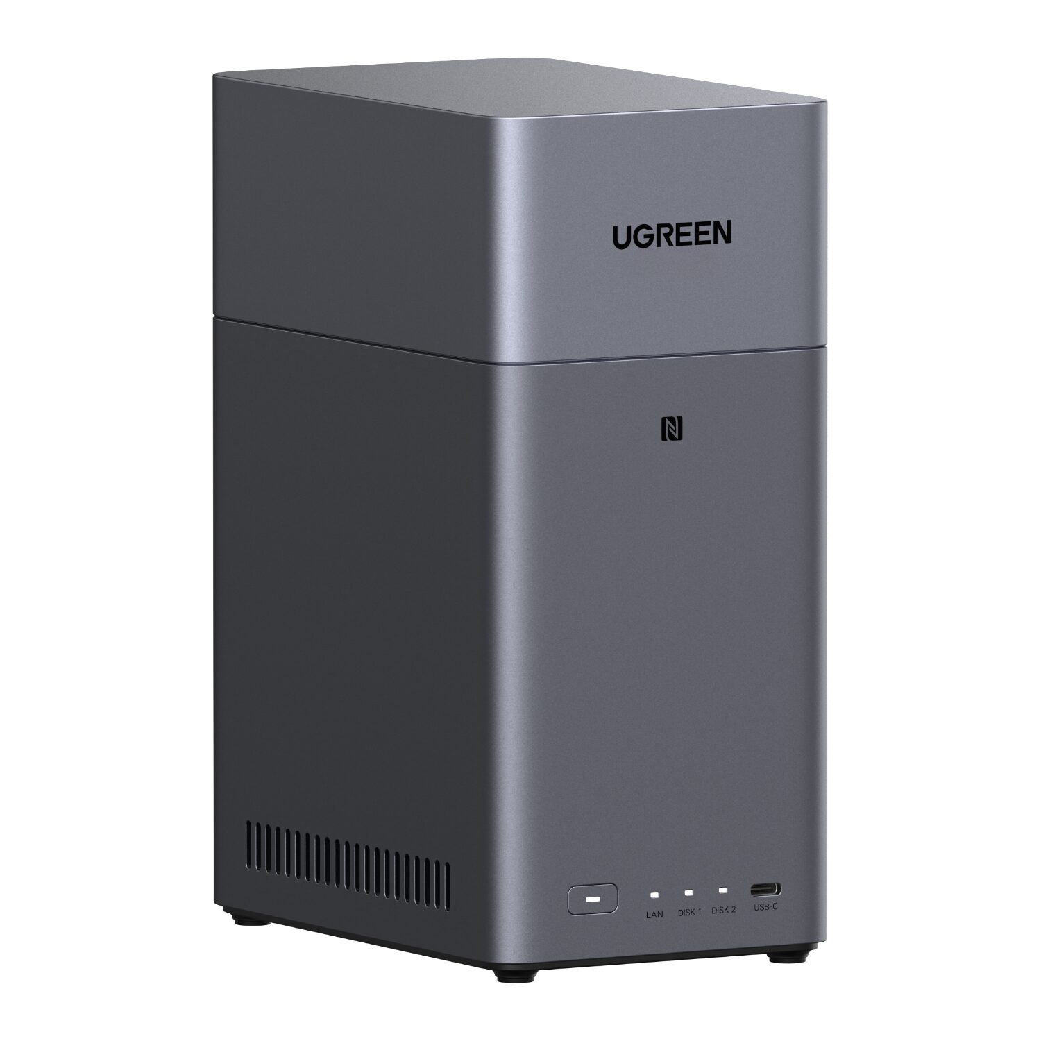 DH230095998UGREENNASDH23002BAY1GbEwr01jpg ComputechSolutions Tall gray NAS/storage tower with two drive bays, front status LEDs, and USB-C port (brand: UGREEN).