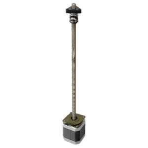 Motorized linear actuator with a long threaded rod and base-mounted motor at the bottom. The rod connects to a top nut/guide plate.