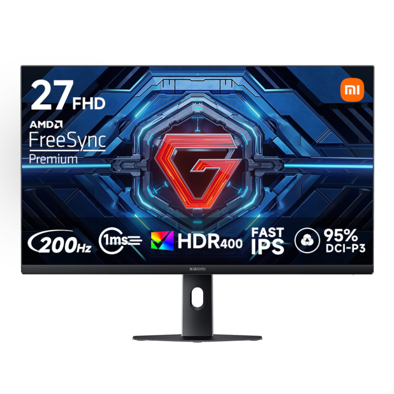 ELA6370EUXiaomiG27i202627FullHD1080pIPSGamingMonitorwr01cjpg ComputechSolutions 27-inch Xiaomi monitor on a stand showing 27 FHD, FreeSync Premium, HDR400 and fast IPS features