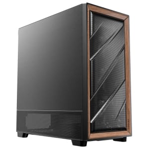 FLUXSEAntecFLUXSEEATXATXMicroATXITXMiwr01png ComputechSolutions Mid-tower PC case with black metal chassis and a wood-framed front mesh panel, shown in an angled perspective.