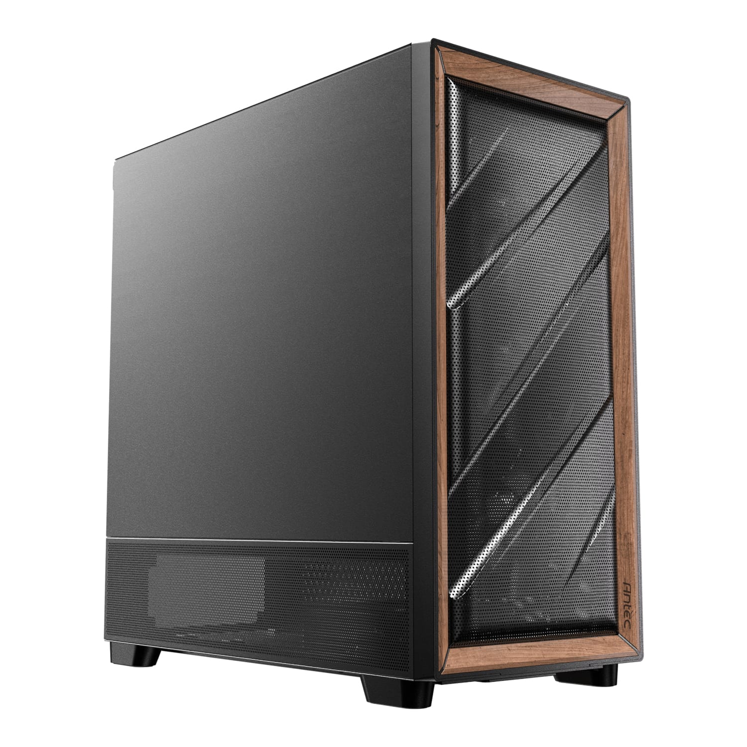 FLUXSEAntecFLUXSEEATXATXMicroATXITXMiwr01png ComputechSolutions Mid-tower PC case with black metal chassis and a wood-framed front mesh panel, shown in an angled perspective.