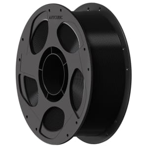 Black 3D printer filament spool with wound filament on a multi‑flange reel (Anycubic).