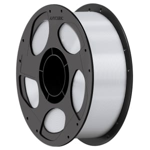 Spool of gray 3D printing filament on a black plastic reel labeled Anycubic.