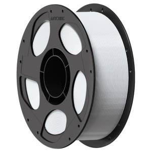 Spool of white 3D printing filament on a black plastic reel, Anycubic brand visible on the hub.