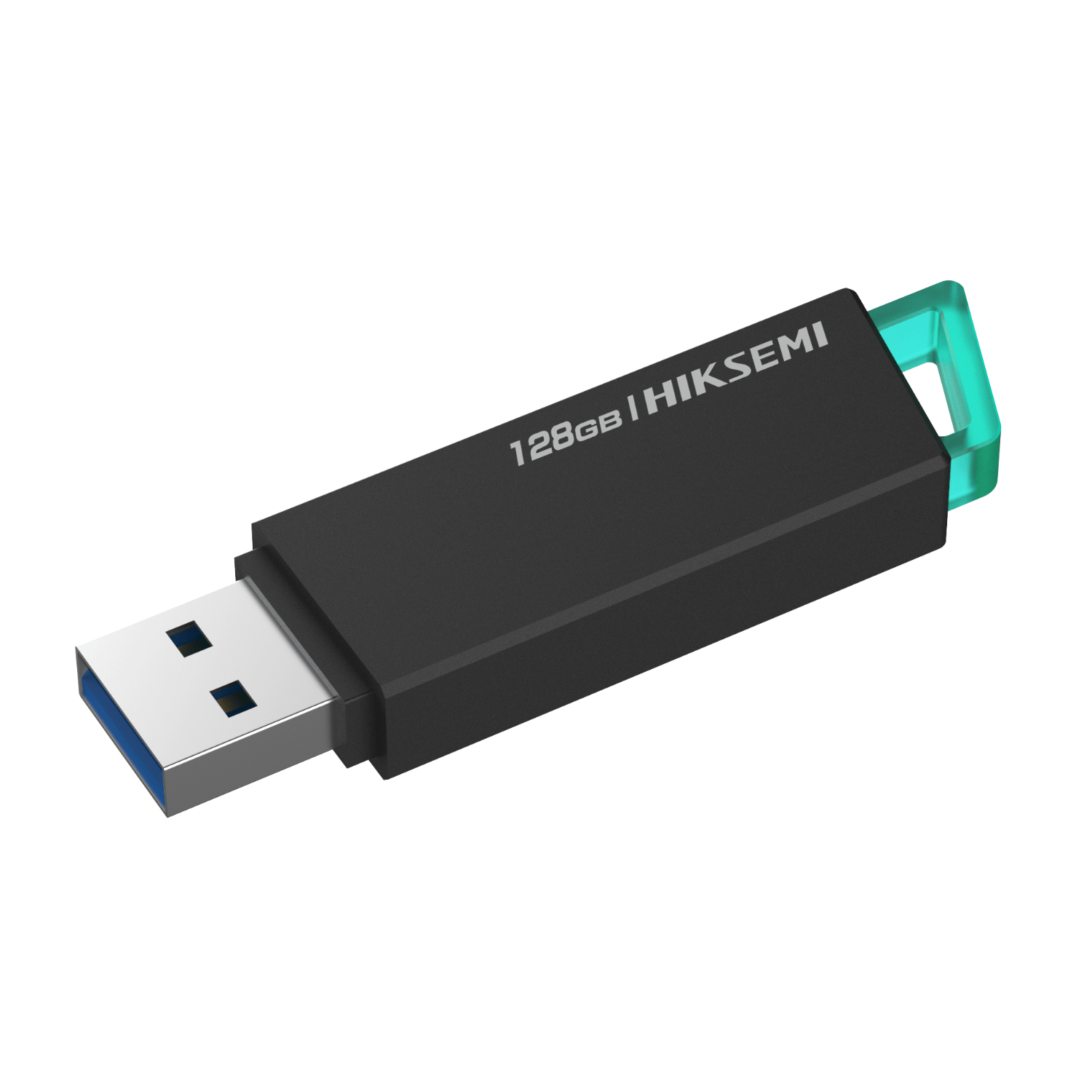 HSUSBE302128GHiksemiBlink128GBUSB32FlashDrivewr01png ComputechSolutions Black USB flash drive with 128GB capacity and a teal end cap, angled view.
