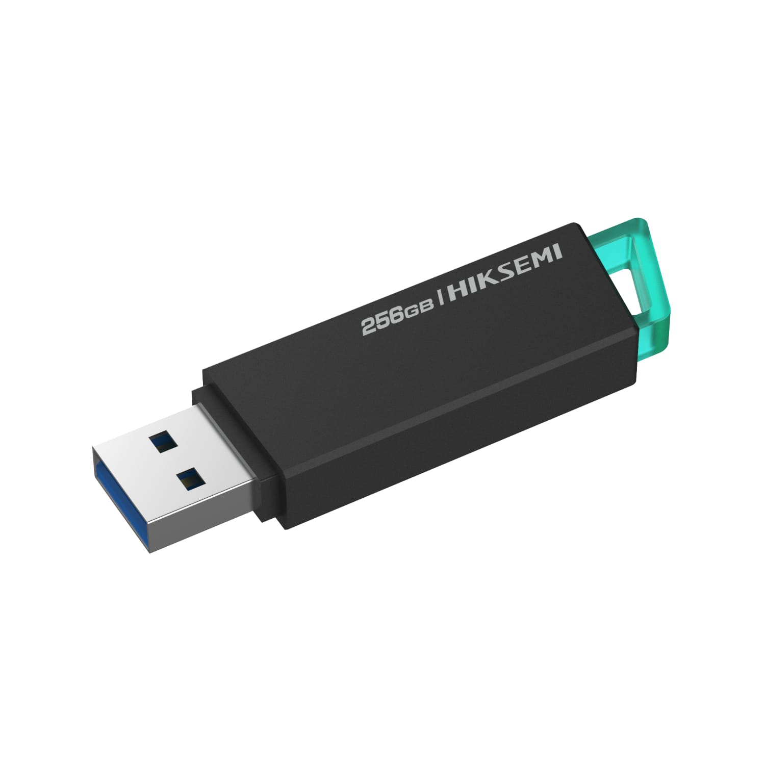 HSUSBE302256GHiksemiBlink256GBUSB32FlashDrivewr01png ComputechSolutions Black USB flash drive with a teal cap, labeled 256GB, shown at an angle for portability reference