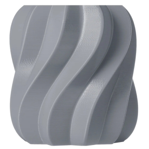 Close-up of a grey twisted metal ribbon forming a cylindrical spiral shape.