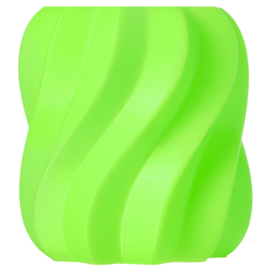 Abstract lime-green twisted ribbon shape on a white background, resembling a sculpture or design element.