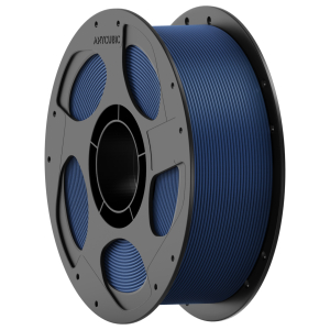 Blue 3D printer filament on a large gray spool with brand name Anycubic visible on the hub.