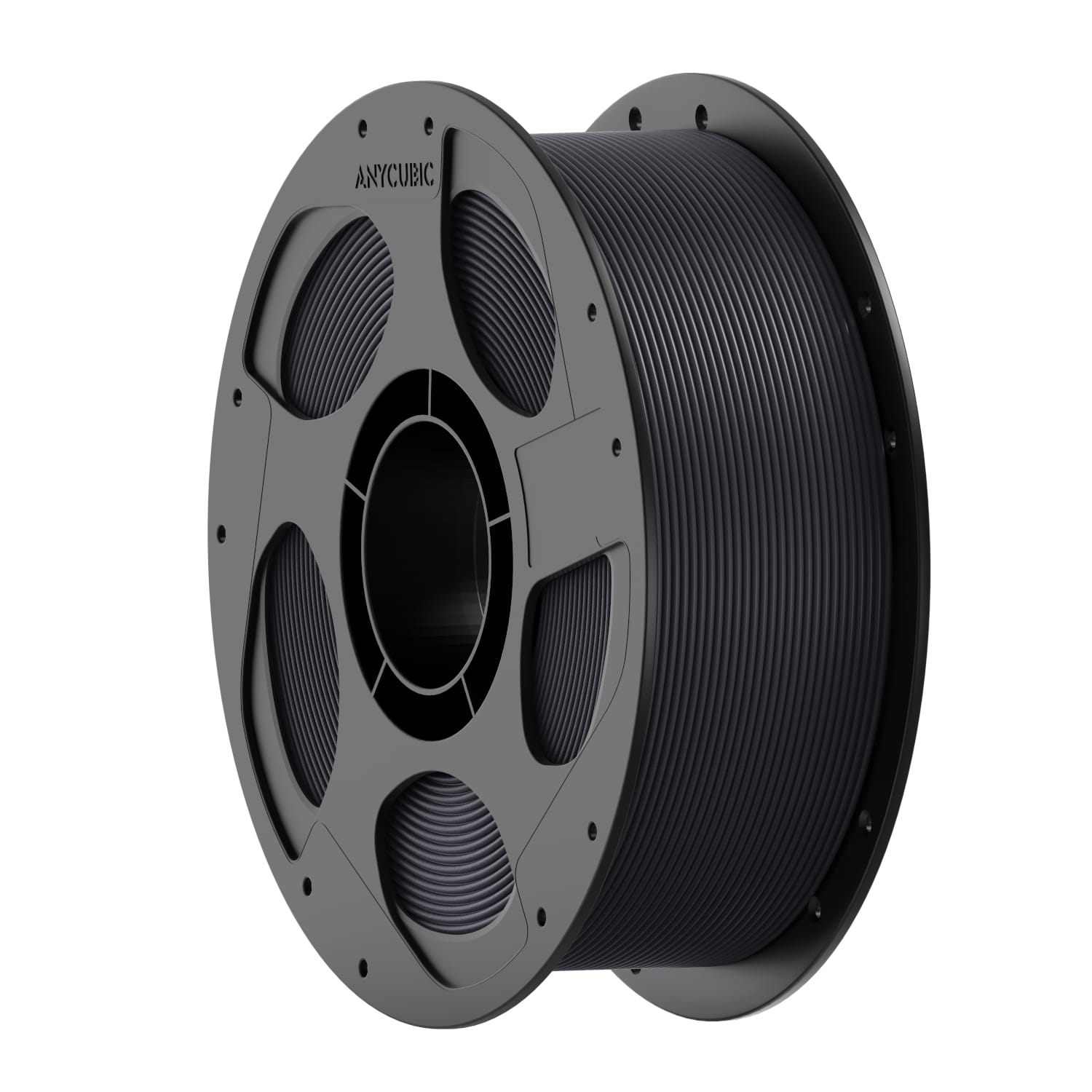 HTFIG10AnycubicPETGCFSatinCarbonFiberFilament1kgTitaniumGreywr01jpg ComputechSolutions Large gray spool holding dark blue filament wound in even coils, designed for 3D printing