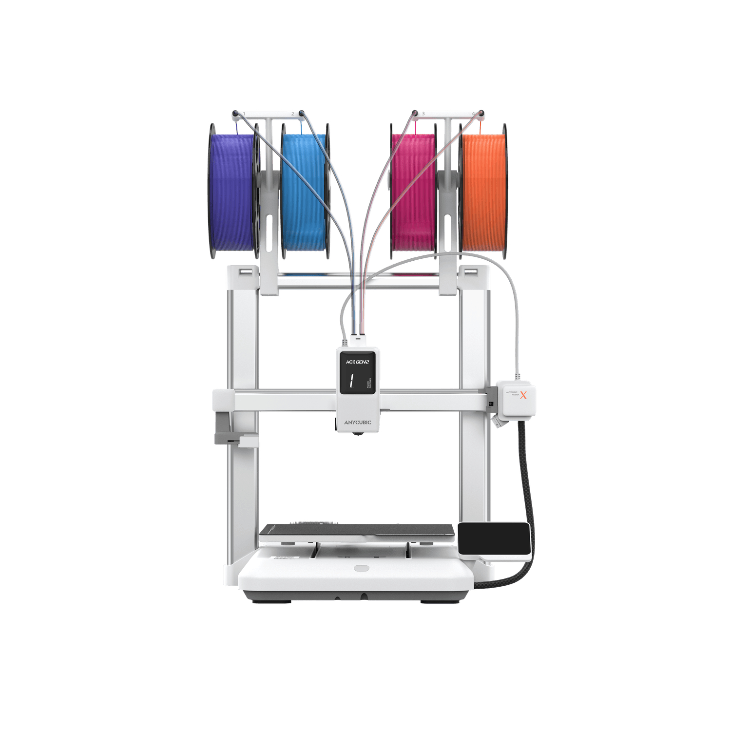 KBX0WH0AOAnycubicKobraX3DPrinterwr01png ComputechSolutions Desktop 3D printer with four colored filament spools on top (purple, blue, pink, orange) and a control touchscreen in the center.