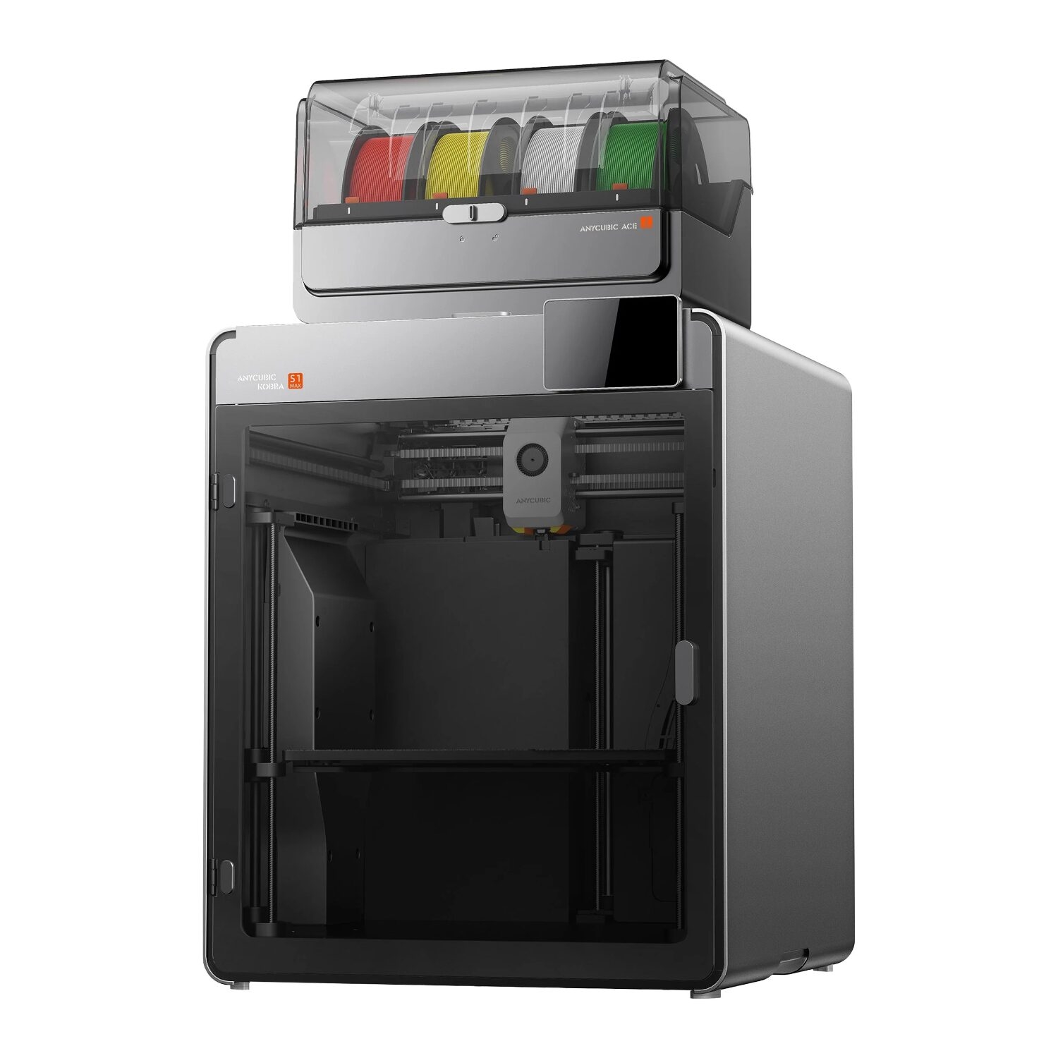 KSMCBK0BOAnycubicKobraS1MaxComboBlackwr011jpg ComputechSolutions Open-front 3D printer with a transparent top filament spool housing containing red, yellow, white, and green spools.
