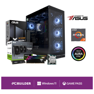 PCBODYSSEY01PCBuilderRyzen79850X3DODYSSEYWindows11GamingPCwr01ajpg ComputechSolutions Collage of PC hardware components: motherboard, GPU, RAM, power supply, CPU cooler, and a gaming PC case with blue LEDs, plus brand logos (ASUS, AMD Ryzen, Aura Sync).