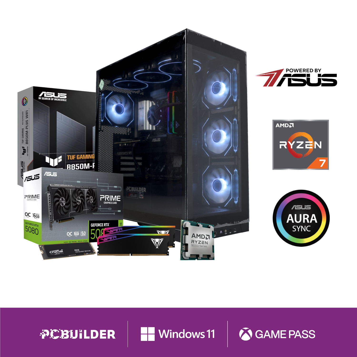 PCBODYSSEY01PCBuilderRyzen79850X3DODYSSEYWindows11GamingPCwr01ajpg ComputechSolutions Collage of PC hardware components: motherboard, GPU, RAM, power supply, CPU cooler, and a gaming PC case with blue LEDs, plus brand logos (ASUS, AMD Ryzen, Aura Sync).