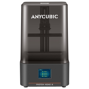 Front view of Anycubic Photon Mono 4 resin 3D printer with a translucent cover and a blue touchscreen panel visible on the front