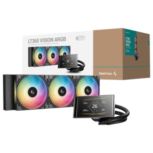 DeepCool LT360 Vision ARGB liquid cooling kit with three RGB fans, radiator, and a control display in front of a product box box art.