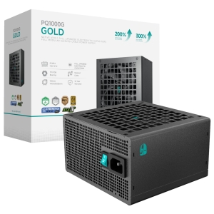 RPQA00GFD1BJGEUV1DeepCoolGamerstormPQ1000G1000W80PLUSwr01jpg ComputechSolutions Black modular power supply unit with teal switch, shown next to its white packaging box labeled PQ1000G GOLD in teal and gray.