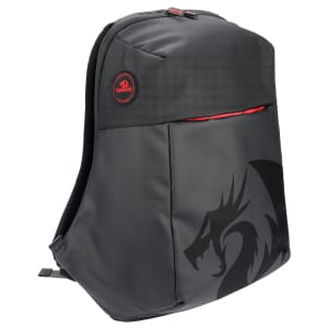 RDGB93RedragonTRAVELLER15GamingBackpackwr01png ComputechSolutions Black backpack with a red dragon logo and red zipper accent, close-up on the top corner showing brand tag and textured fabric.