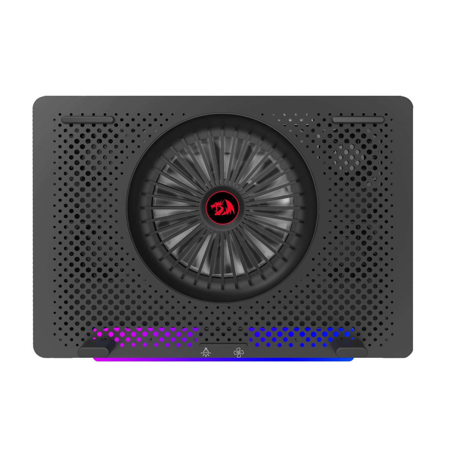 RDGCP500REDRAGONDualUSB5FanRGBGamingNotebookStandwr01ajpg ComputechSolutions Top-down view of a dark gaming PC case with a large central circular fan and perforated vents; blue/purple RGB lighting along the bottom edge.