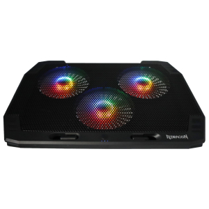 RDGCP511REDRAGONDualUSB3FanRGBGamingNotebookStandwr01ajpg ComputechSolutions Black gaming speaker with three RGB-lit circular fans behind a perforated grille and a Redragon logo on the front panel (desktop PC speaker).