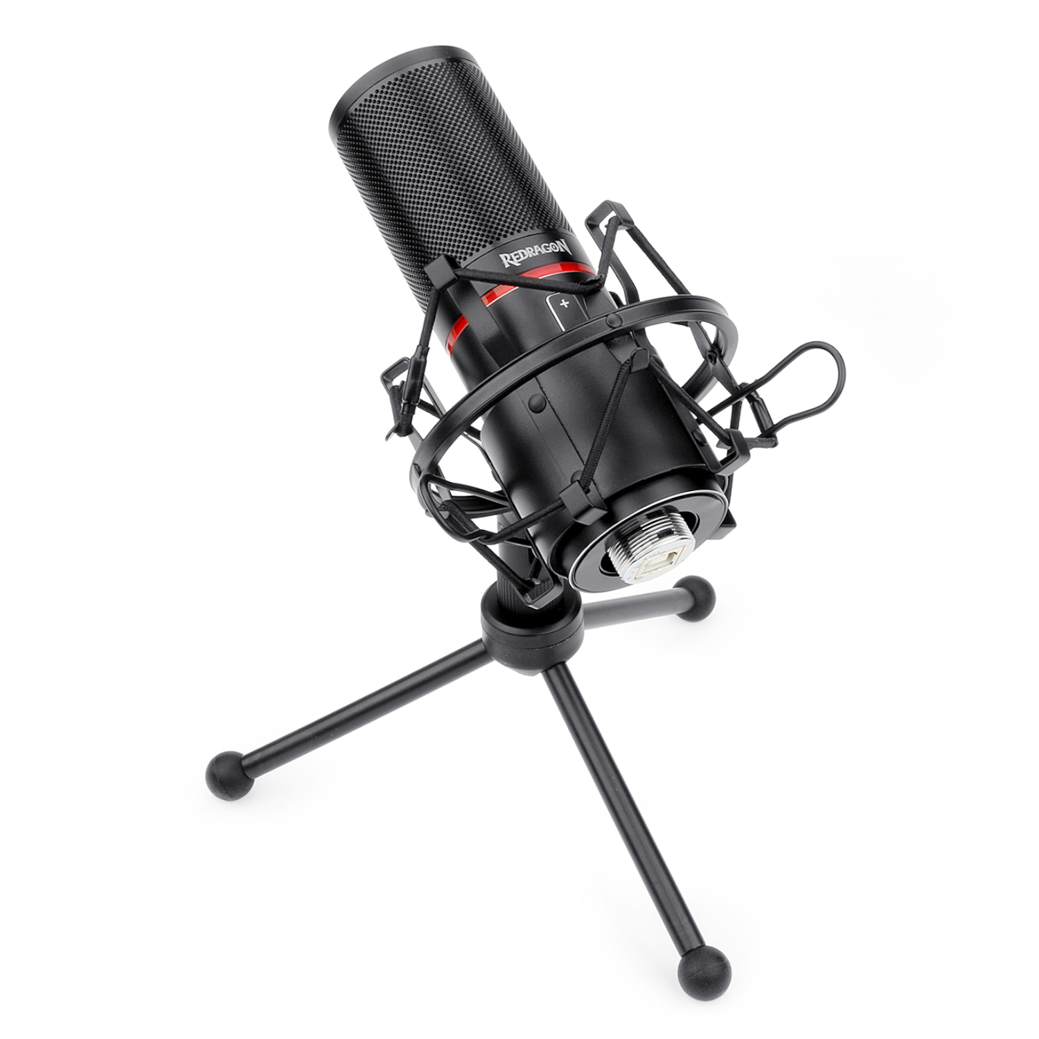 RDGM300REDRAGONBLAZARCardioidUSBGamingMicandTripodBlackwr01jpg ComputechSolutions Black condenser microphone secured in a metal shock mount on a tripod stand during a recording session