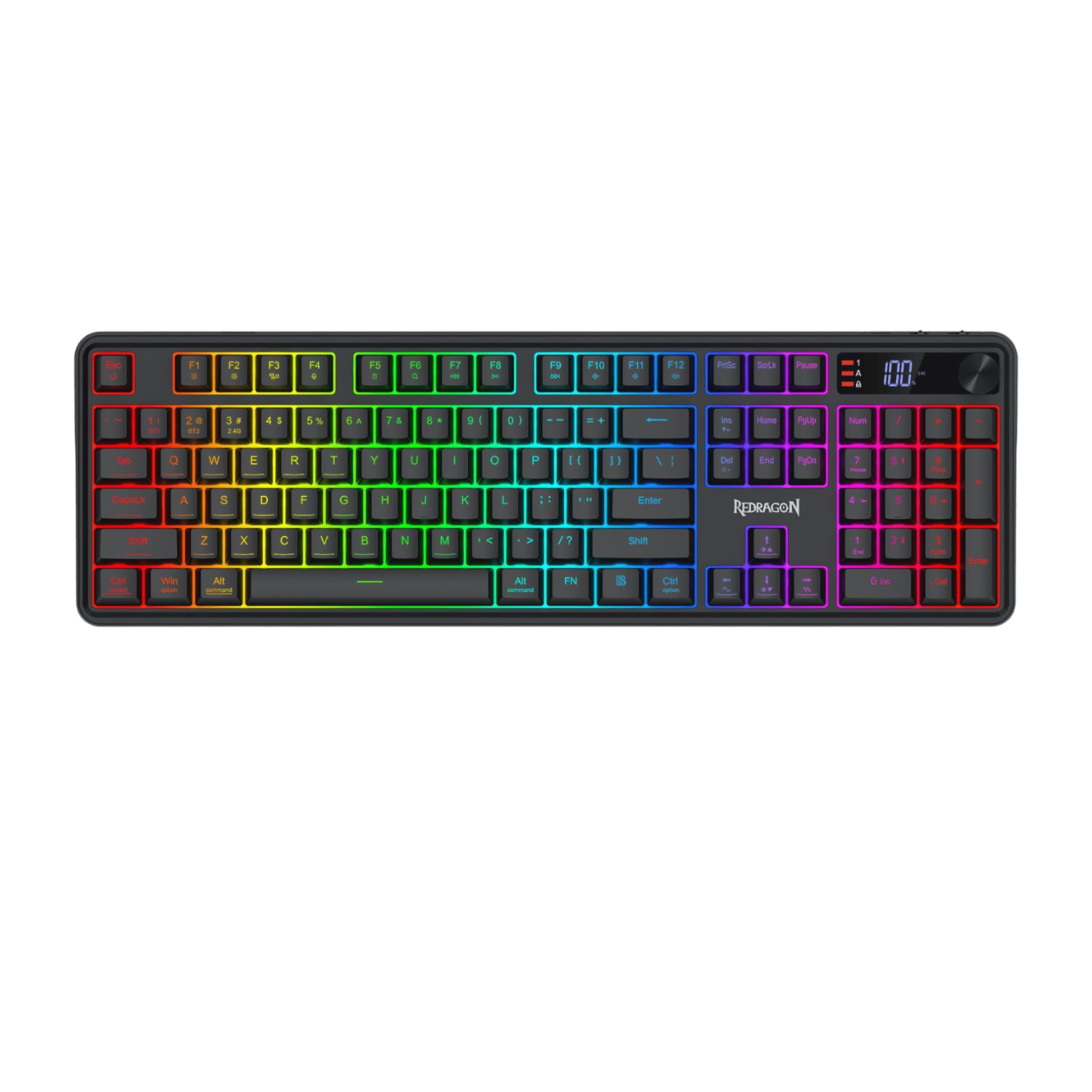 RDK526PRORedragonRM104PROVOLCANORGBWirelesswr01png ComputechSolutions Rainbow-lit gaming keyboard with full-size layout and numeric keypad
