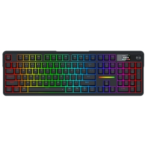 RDK762RGBPRORedragonK762TERRAFLAREPRORGBWireleswr01jpg ComputechSolutions Rainbow-backlit full-size keyboard with multi-colored keys and a small display on the right side, shown from a top view.