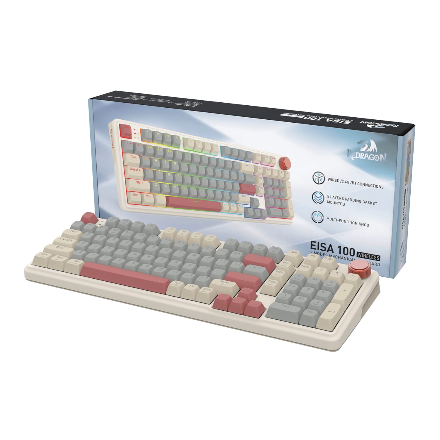 RDK768WGRWLRedragonEISA100RetroRGBWirelessMecwr01png ComputechSolutions Retro beige keyboard with pastel rainbow keycaps in front of its display box.