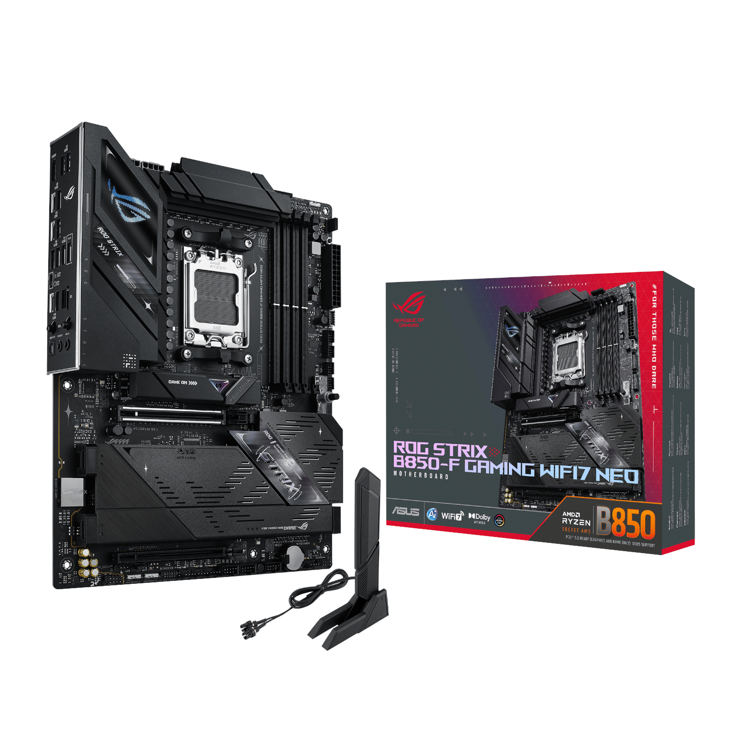 ROGSTRIXB850FGMGWIFINEOASUSROGSTRIXB850FGAMINGWIFI7NEOAwr01png ComputechSolutions ROG Strix B650-E Gaming WiFi motherboard mounted upright beside its packaging box.