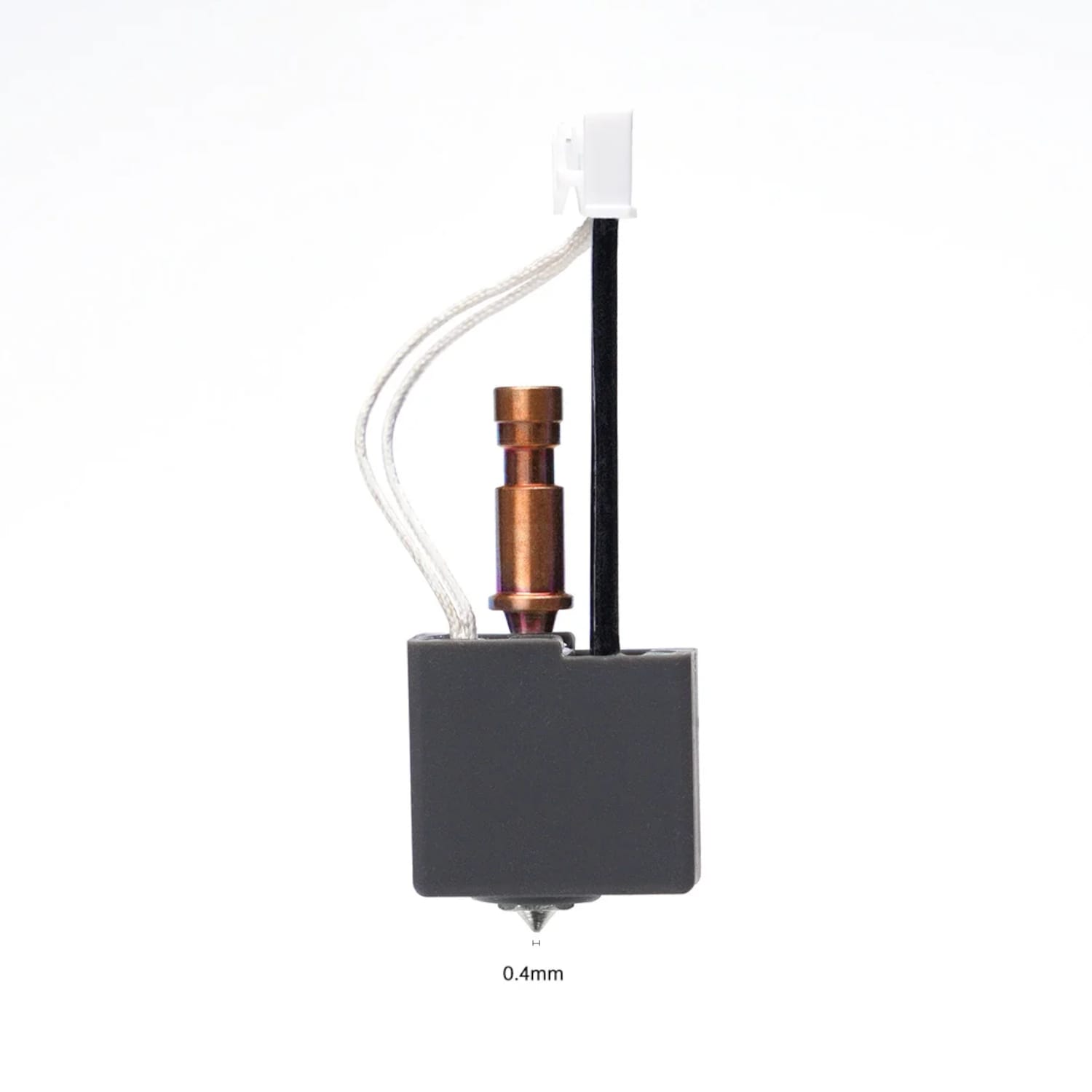 S010361AnycubicS1HotendHardSteel04mmNozzlewr01jpg ComputechSolutions Copper cylindrical actuator mounted on a gray block with white wire loop and a black vertical rod, against a white background.