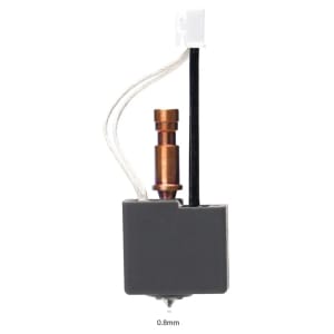 Close-up of a 0.8 mm 3D printer nozzle attached to a compact extruder with white wiring nearby.