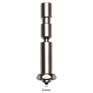 Close-up of a stainless steel precision tool tip with a 0.4 mm marking at the base.