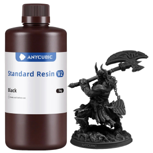 SBZ2BK10AnycubicStandardResinV2Blackwr01ajpg ComputechSolutions Anycubic Standard Resin V2 bottle (1 kg, black) shown with a black fantasy miniature figure beside it