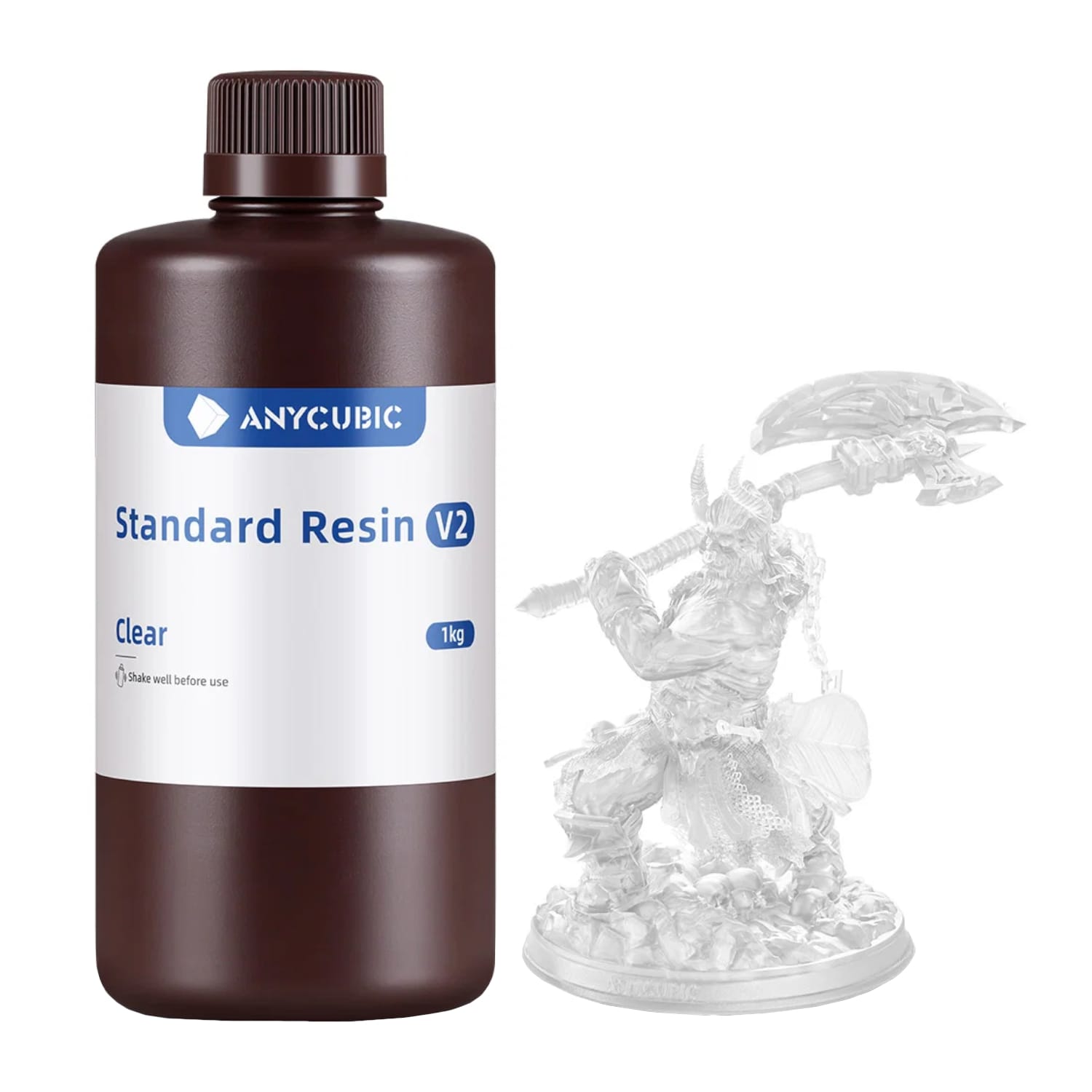 SBZ2CL10AnycubicStandardResinV2Clearwr01ajpg ComputechSolutions Brown bottle of Anycubic Standard Resin V2 (1 kg) with a white label, beside a translucent crystal miniature on a white background.