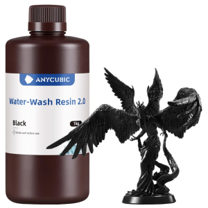 Anycubic Water-Wash Resin 2.0 Black bottle next to a black winged statue model on a white background, front label visible (1kg)