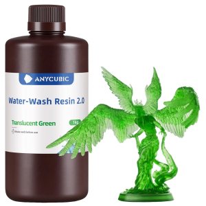 Brown Anycubic Water-Wash Resin 2.0 bottle labeled Translucent Green, shown beside a translucent green dragon figurine.