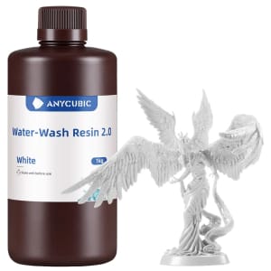Anycubic Water-Wash Resin 2.0 bottle (White, 1 kg) with a white angel sculpture beside it
