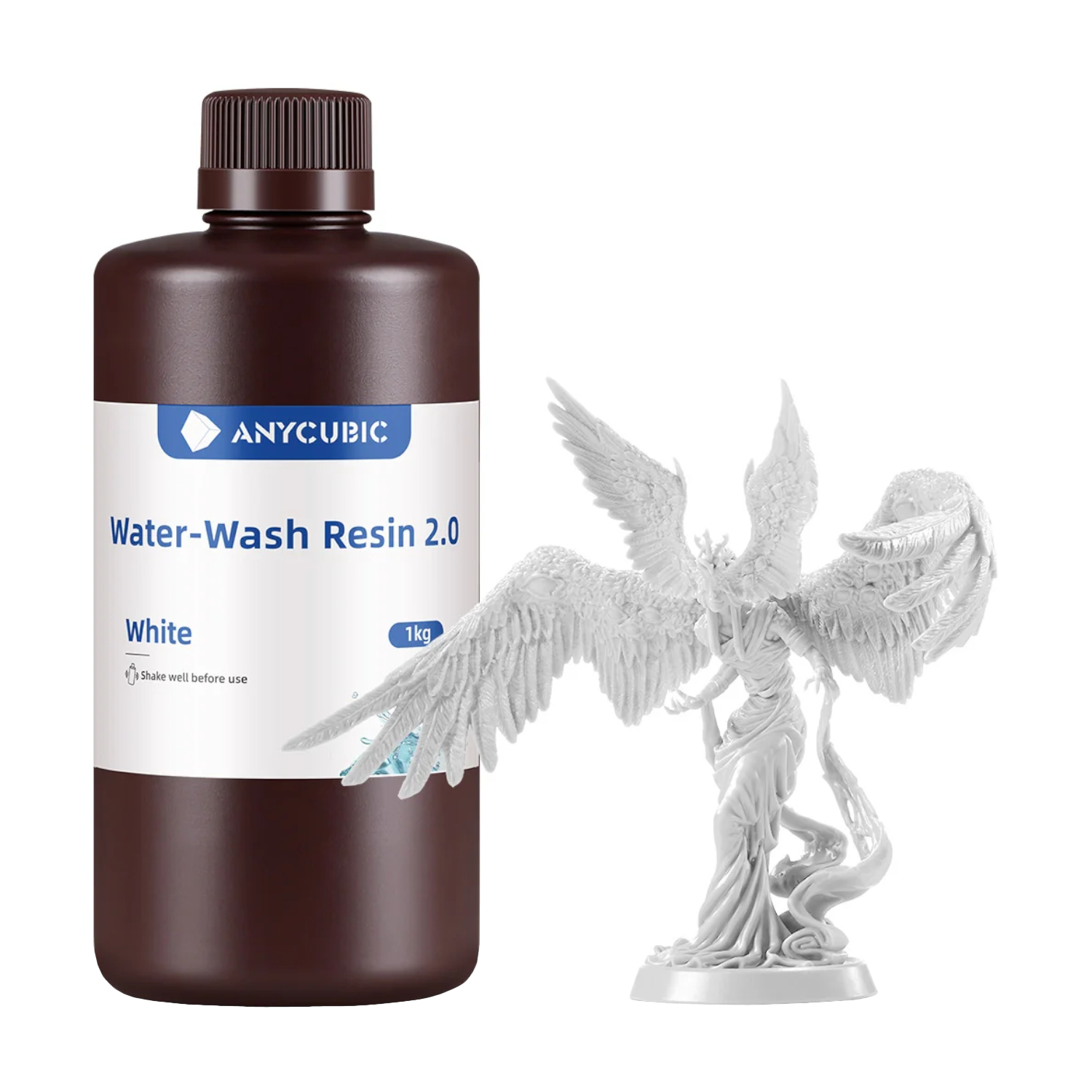 SSX2WH10AnycubicWaterWashResin20Whitewr01ajpg ComputechSolutions Anycubic Water-Wash Resin 2.0 bottle (White, 1 kg) with a white angel sculpture beside it