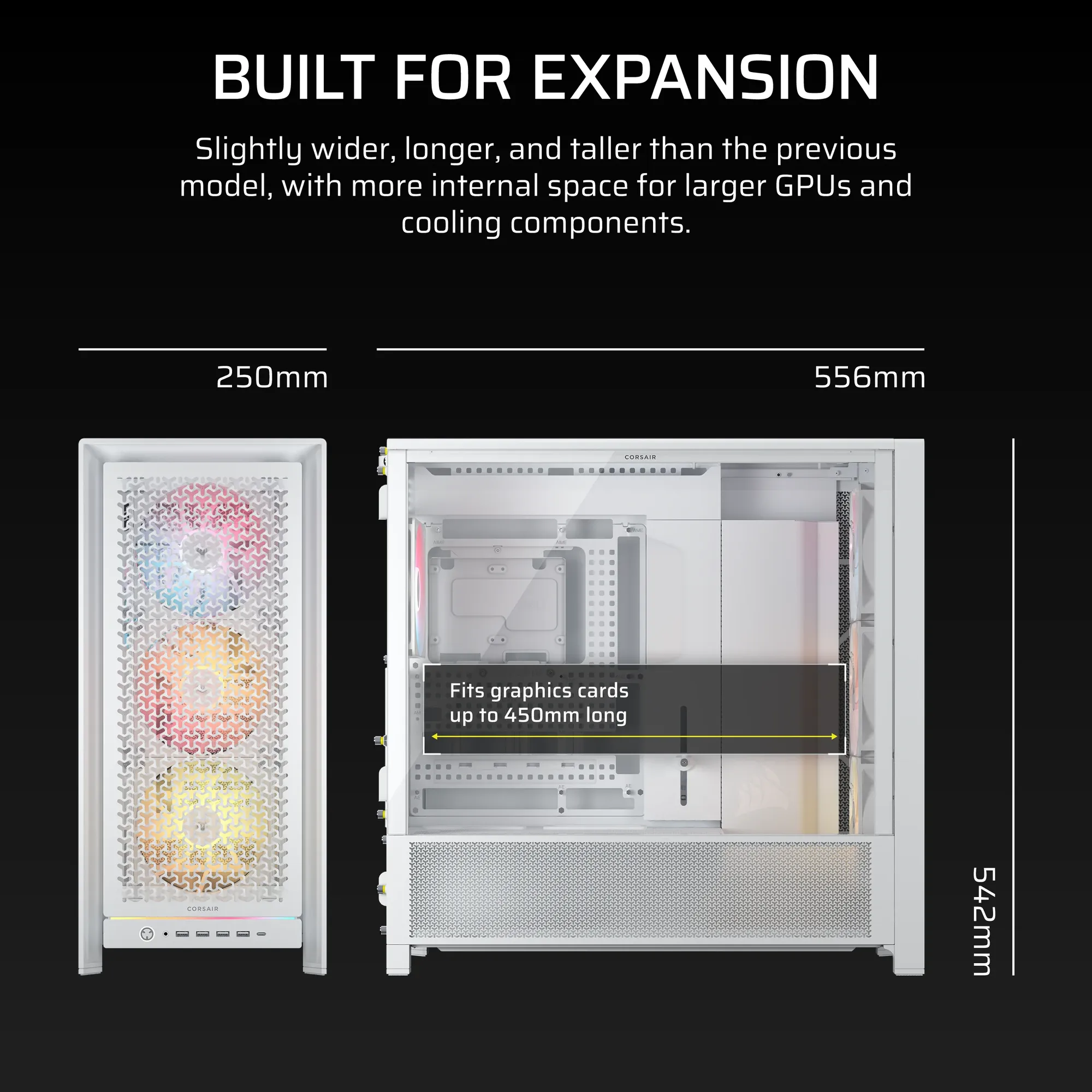 a65049fbd81927baebc8a4514e86761980472cfewebp ComputechSolutions Infographic about a Corsair computer case with expansion features, showing width measurements 250 mm and 556 mm.