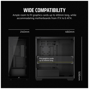 Banner stating "WIDE COMPATIBILITY" with subheading about fitting graphics cards up to 410 mm and motherboards from ITX to E-ATX, set against a black patterned background with measurement lines showing 240 mm and 460 mm.