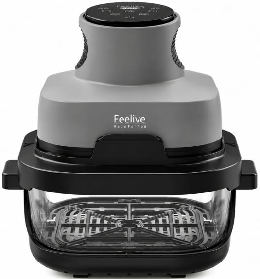AF534T ComputechSolutions Feelive air fryer with a gray top and black base, featuring a transparent cooking chamber visible inside.