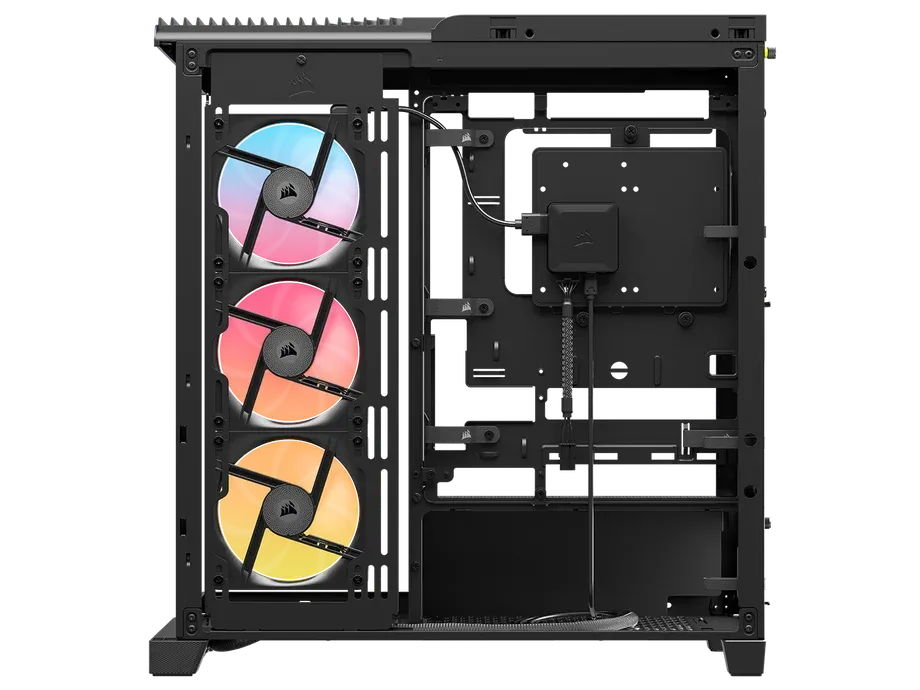 cb20ed0b6563c5ac00c6d18c3a5e91c407ea888ewebp ComputechSolutions Black mid‑tower PC case with three front RGB fans visible and internal drive bays/cable routing area exposed