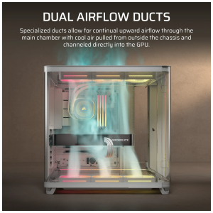 Open PC case showing internal components and blue airflow through dual ducts, with 'GeForce RTX' branding visible at the bottom edge.